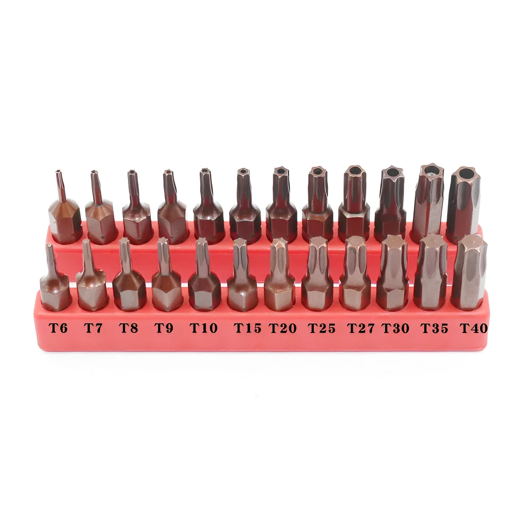 Black magnetic screwdriver bit set showing T6 to T40 sizes with hollow and solid hexagon shanks