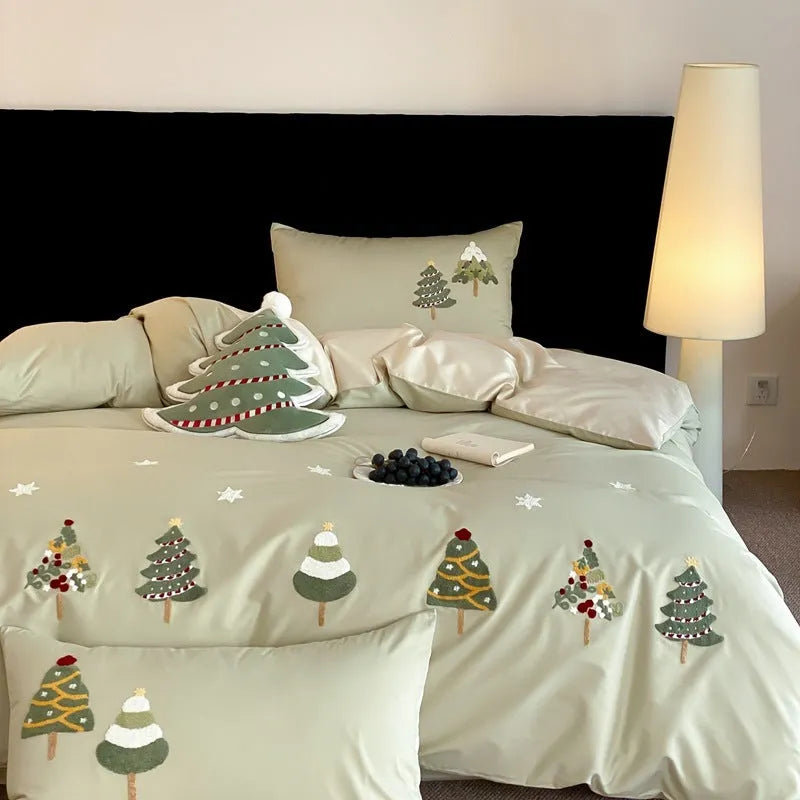 Cream Blue cotton duvet cover with embroidered Christmas tree and floral pattern, part of a four-piece bedding set.