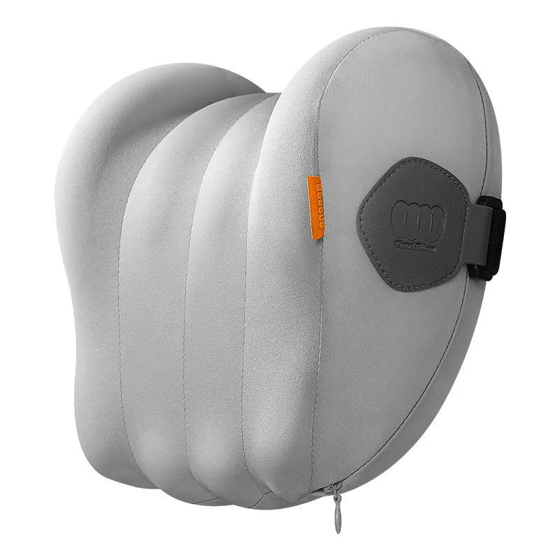 Grey and orange memory foam head restraint and waist pillow set for lorry driver seats.