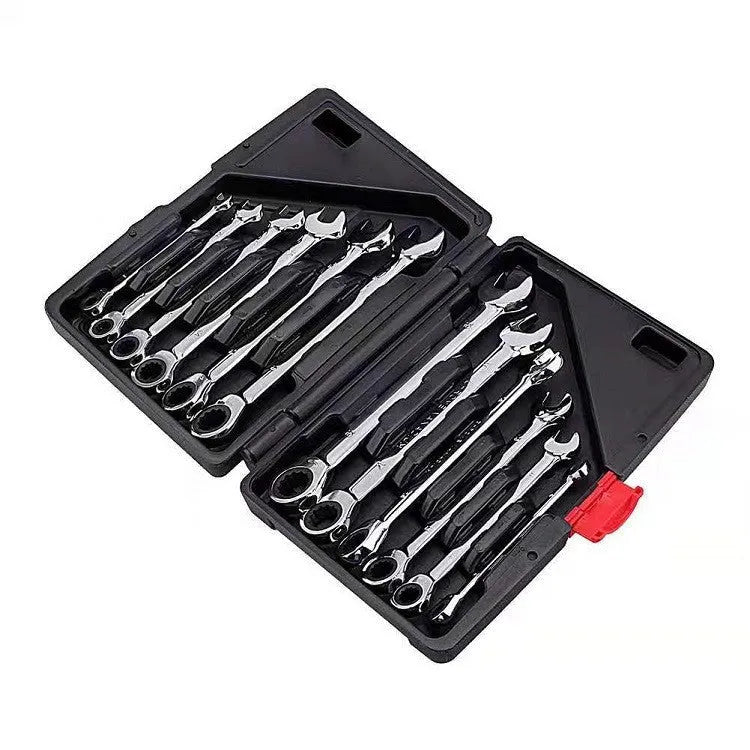 12-piece dual-purpose ratchet wrench set in plastic case with metric sizes 8-19mm