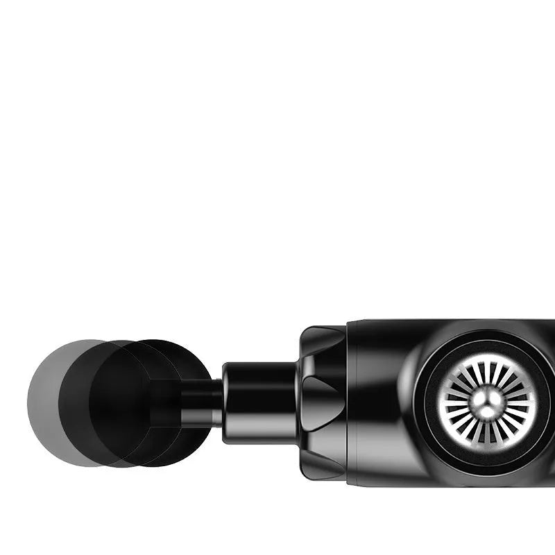 Black and white cordless massage gun for muscle relaxation with adjustable speed settings.