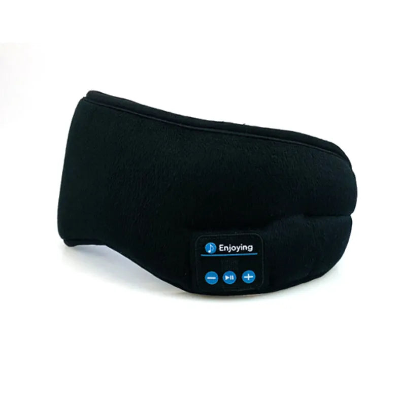 Black sleep eye mask with soft silk fabric, adjustable strap, and carry case on a light background