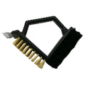 Triangular-shaped stainless steel barbecue cleaning brush with a black PP plastic handle.