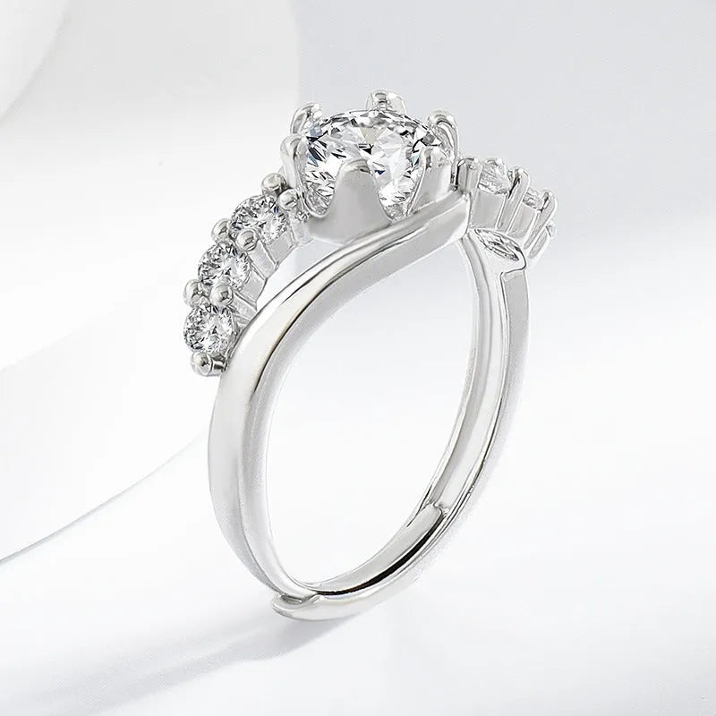 Crown shape copper couple finger ring in white gold colour with simple round and line design for women