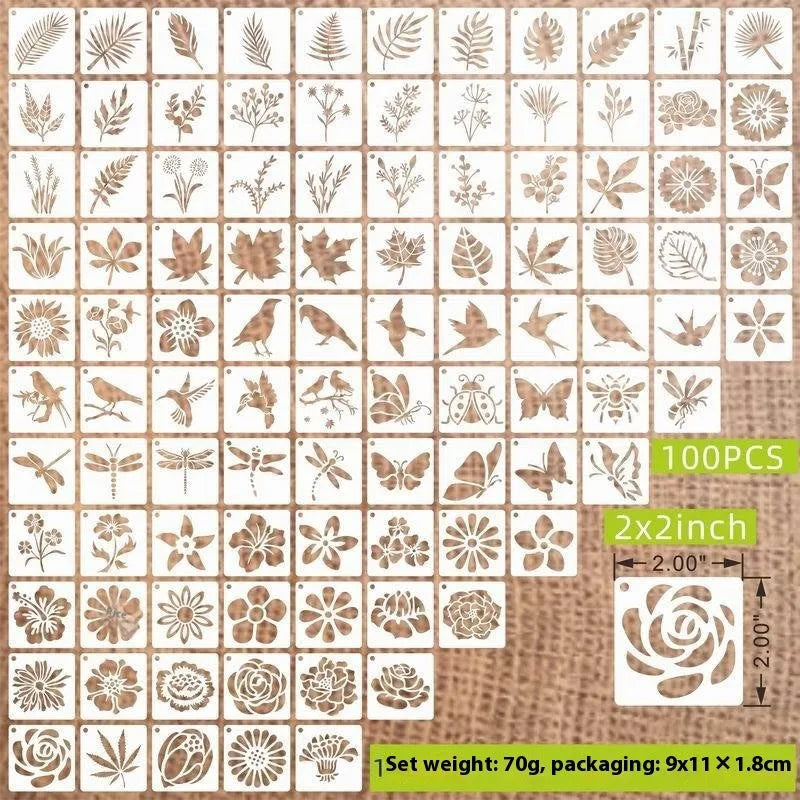 Milky white PET film hollow spray painting stencils showing flower, leaf, bird, ocean, animal, Hawaiian, letter, and mandala designs.