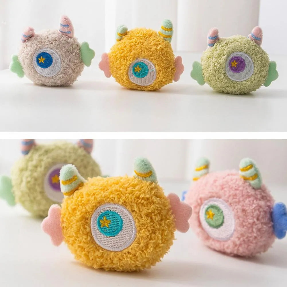 Cartoon-shaped plush dog chew toy with large eyes and squeaker sound feature