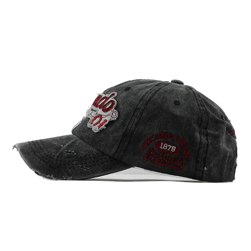 Cotton washed letter hat cowboy retro baseball cap in black, khaki, navy, and red with adjustable strap