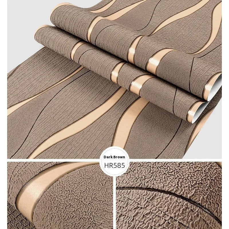 Close-up of dark brown 3D striped wallpaper with thick deerskin velvet texture.