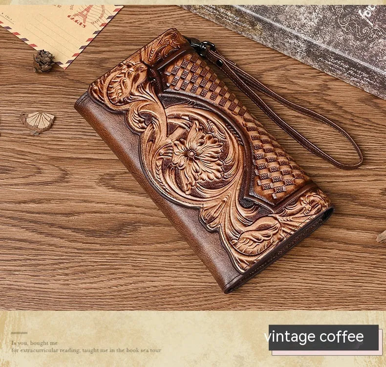 Retro brown tri-fold women's wallet with embossed floral pattern, showing card slots and folded profile.
