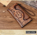 Retro brown tri-fold women's wallet with embossed floral pattern, showing card slots and folded profile.