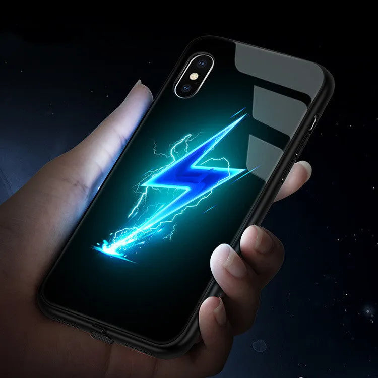Tempered glass iPhone case with LED light show, featuring Cool Lightning design, showing voice control and music sync functionality.