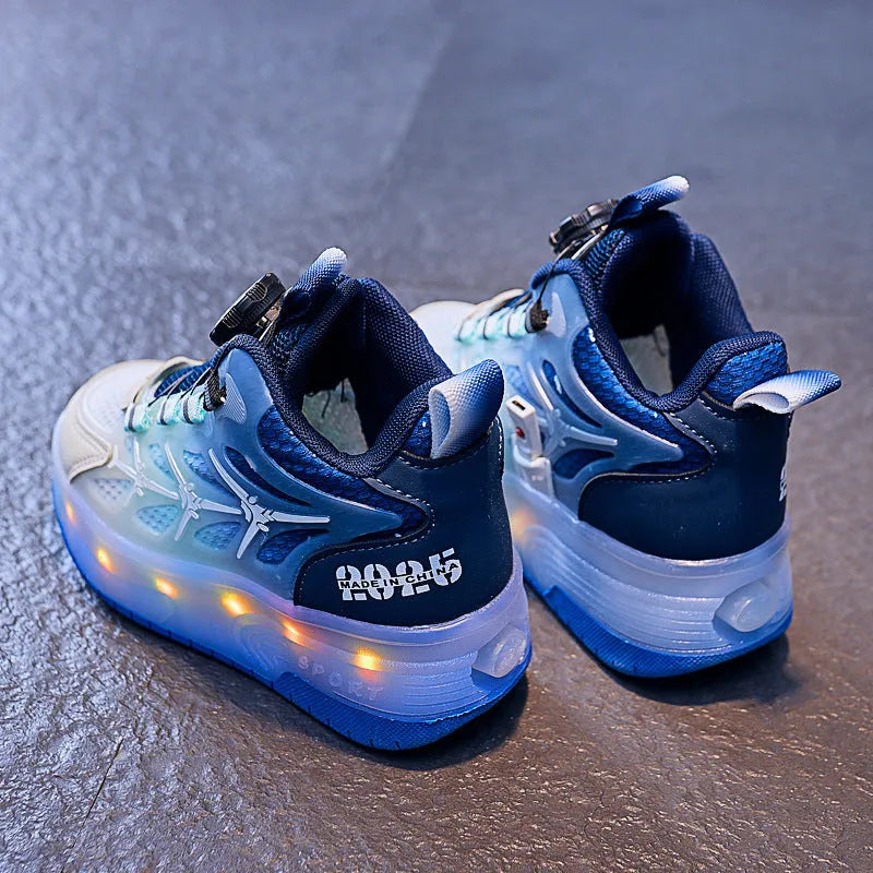 Children's flash knob roller skating shoes in blue colour with striped pattern and rotation button fastening
