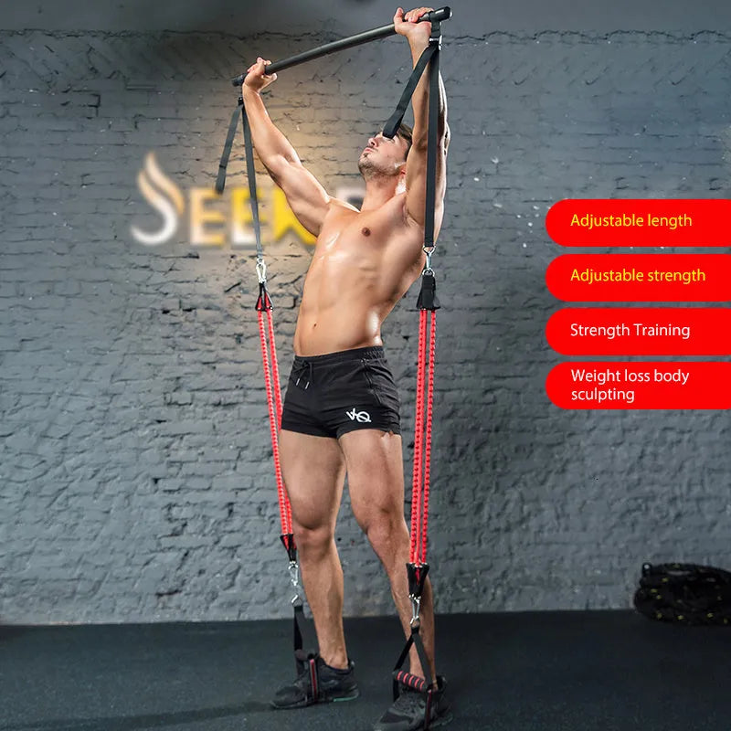 Body workout trainer bar with 100cm pole and resistance bands with rubber buckles for strength training