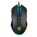 Black RGB wired gaming mouse with ergonomic shape and full-colour lighting effects on a desk setup