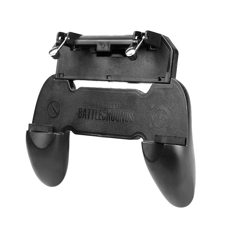 Black plug-in mobile phone gamepad with textured rubber grips and two trigger buttons attached to a smartphone.
