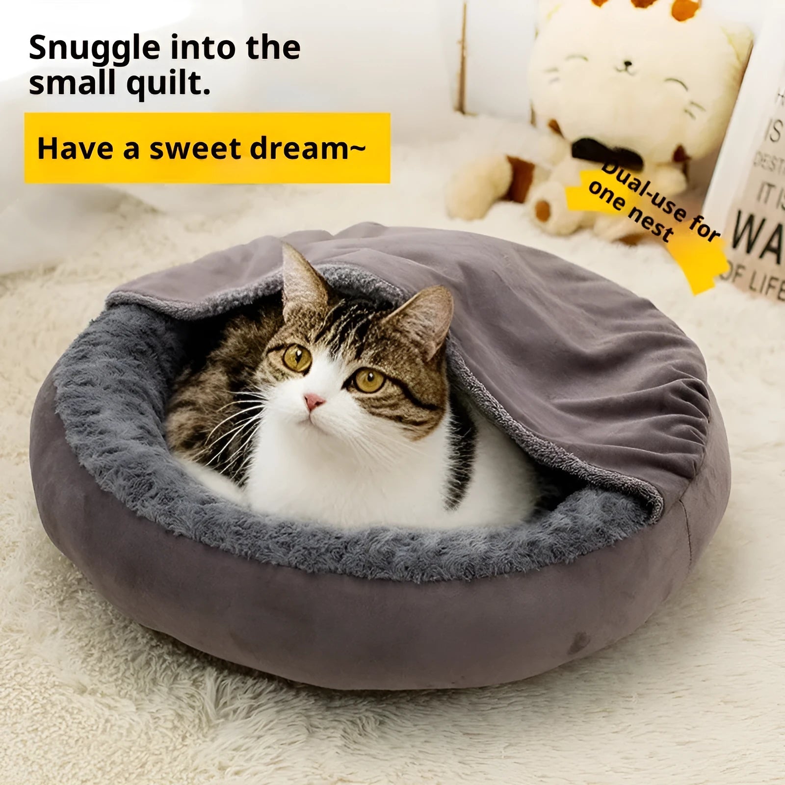Round thickened flannel cat cushion mat in dark gray on floor, with 50cm 60cm 70cm size options