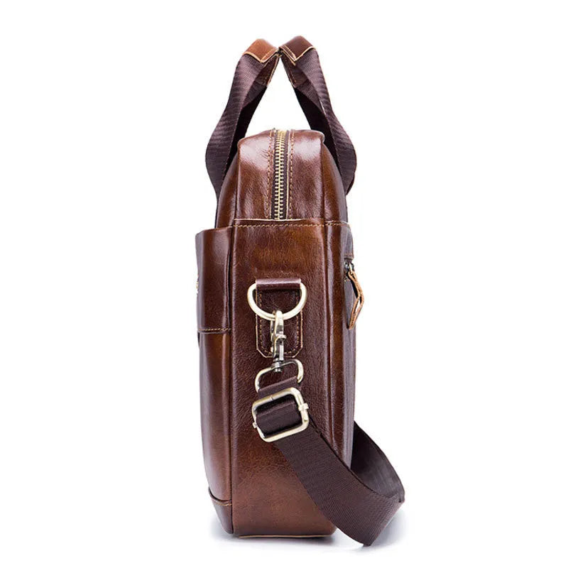 Bullcaptain 044 brown top grain cowhide leather briefcase with computer pocket, 44cm wide, on a plain background