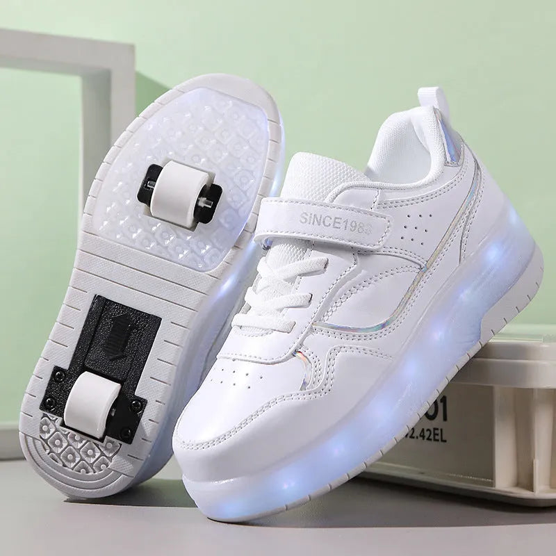 Charging flash roller skates with LED lights in pink, white, black, and purple colours