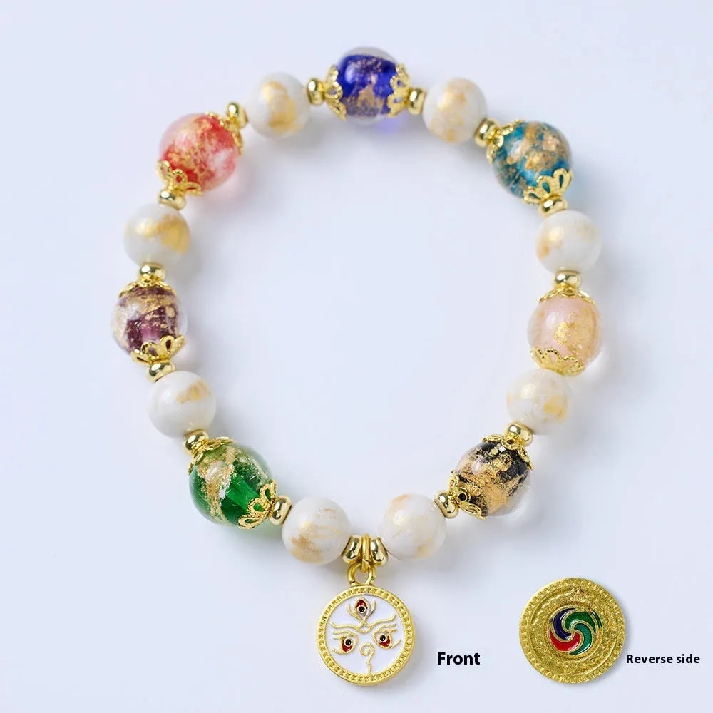 Handmade glazed bracelet with Five Gods of Wealth charm and 10mm geometric beads.