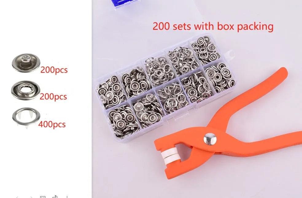 Five claw no sew button kit with stainless steel 9.5mm buttons and application pliers