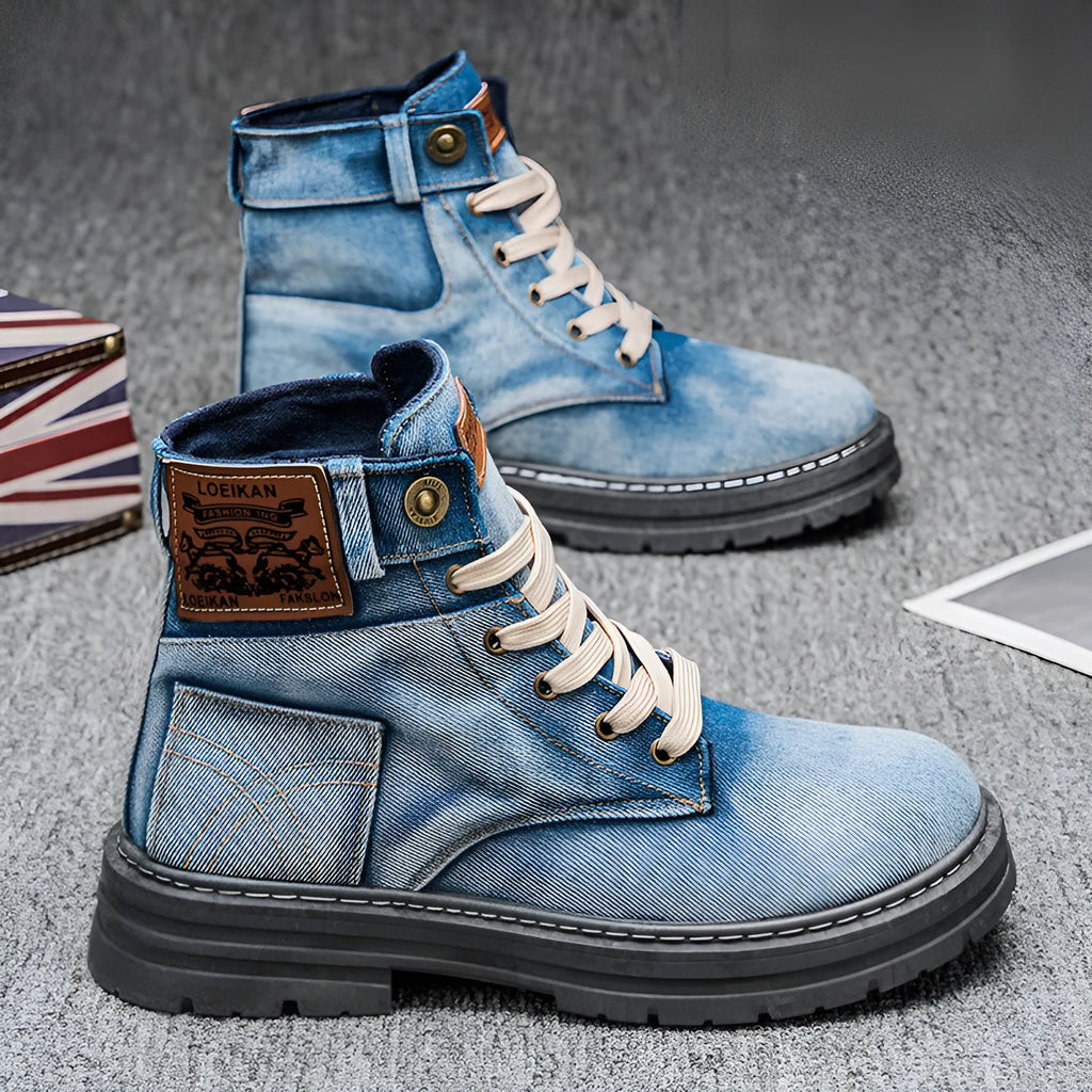 Men's mid-top canvas Martin boots in black or blue, sizes 39-48, with 3-5cm mid heel and PVC sole
