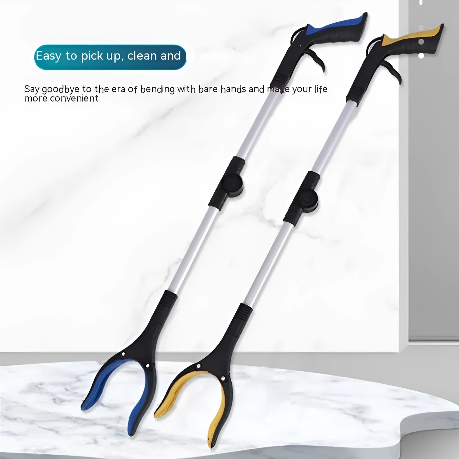 Foldable aluminium garbage clamp with extended 80cm arm and magnet attachment in blue handle colour
