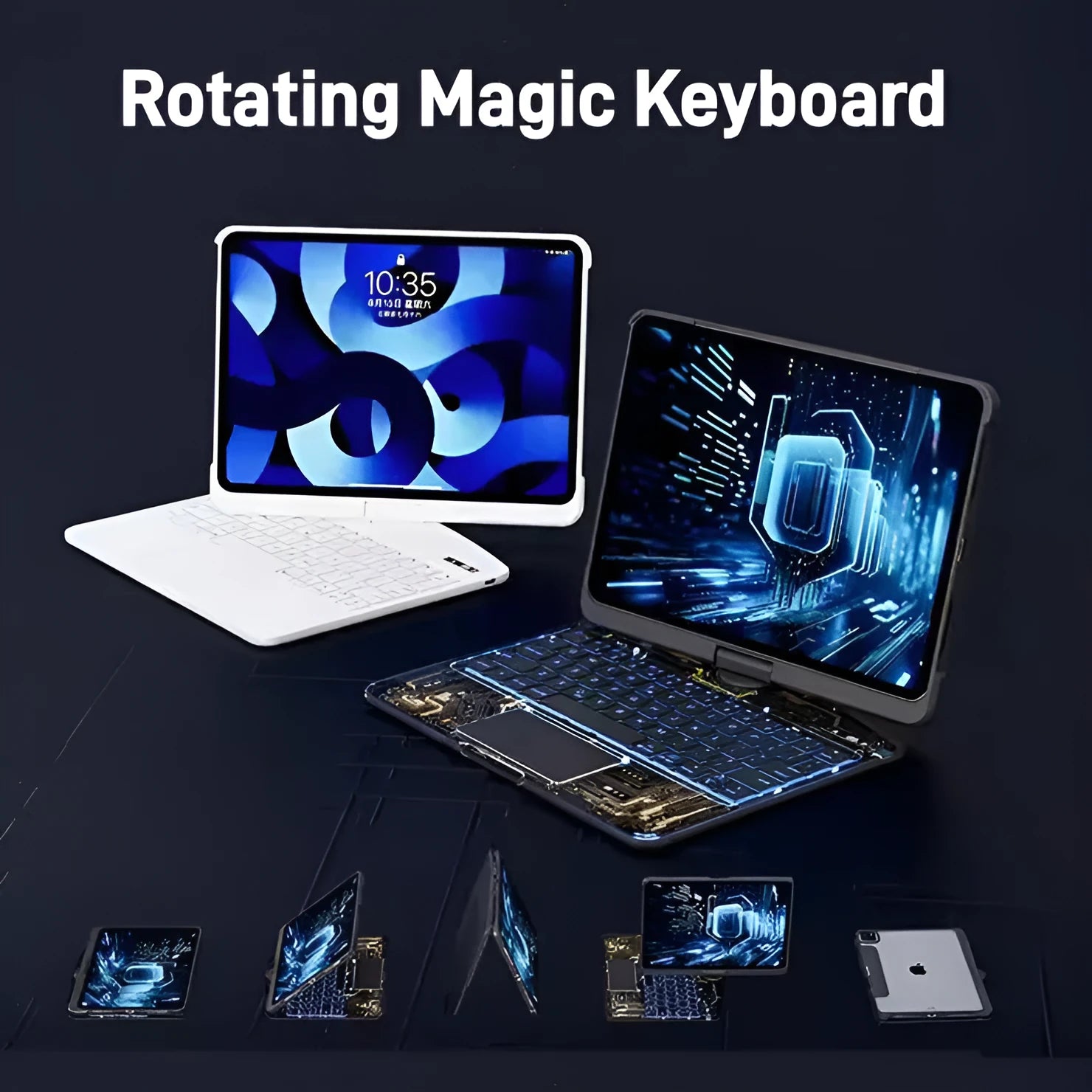 360 swivel transparent keyboard case for iPad with trackpad and pen slot, showing open position