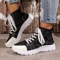 Women's rose-print lace-up canvas boots with round toe, flat heel, mid-tube design and non-slip thick sole