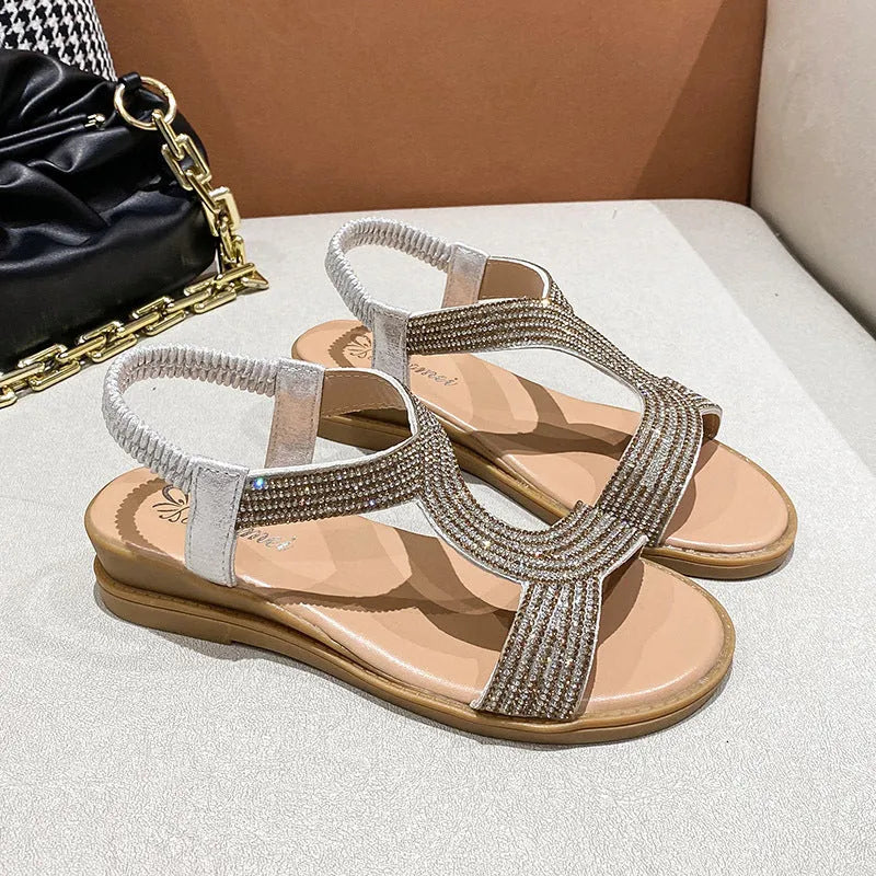 Women's patent leather summer sandals with rhinestones in gold, silver, or black colours