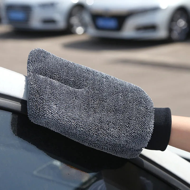 Pair of grey microfibre car cleaning gloves, 16cm x 26cm, with twisted braid spiral hair texture