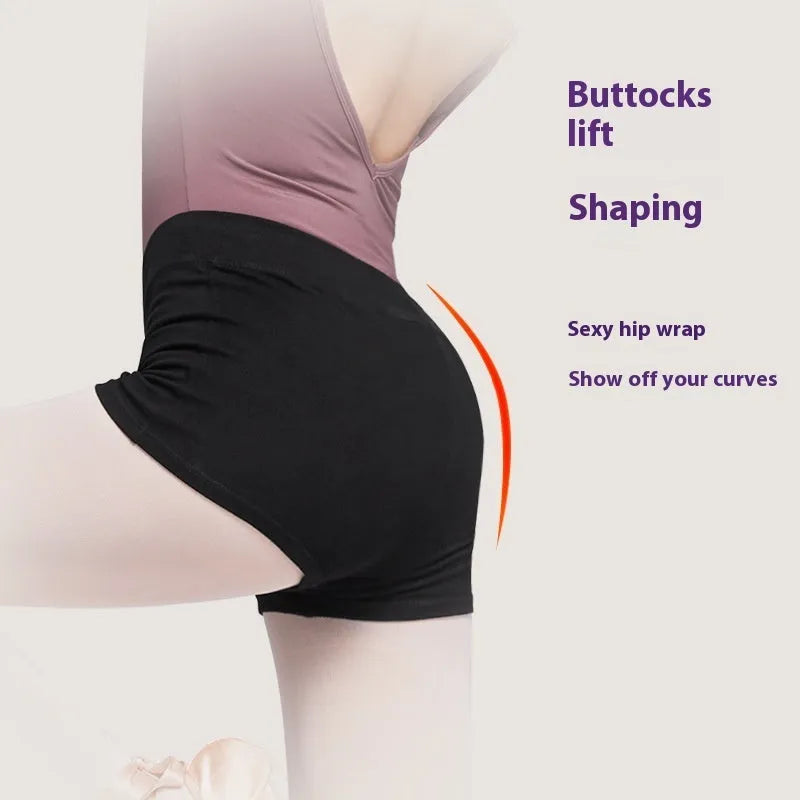 Black women's cotton dance shorts for ballet practice and fitness exercise.