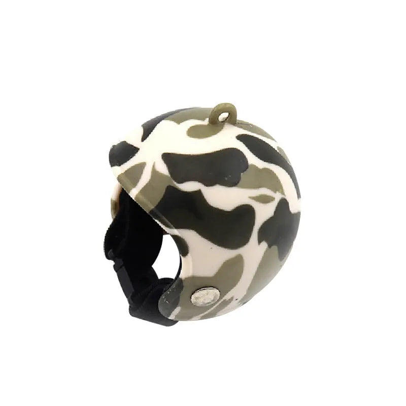 Small plastic chicken pet helmet in one of twelve designs including rainbow, plaid, or smiling face.