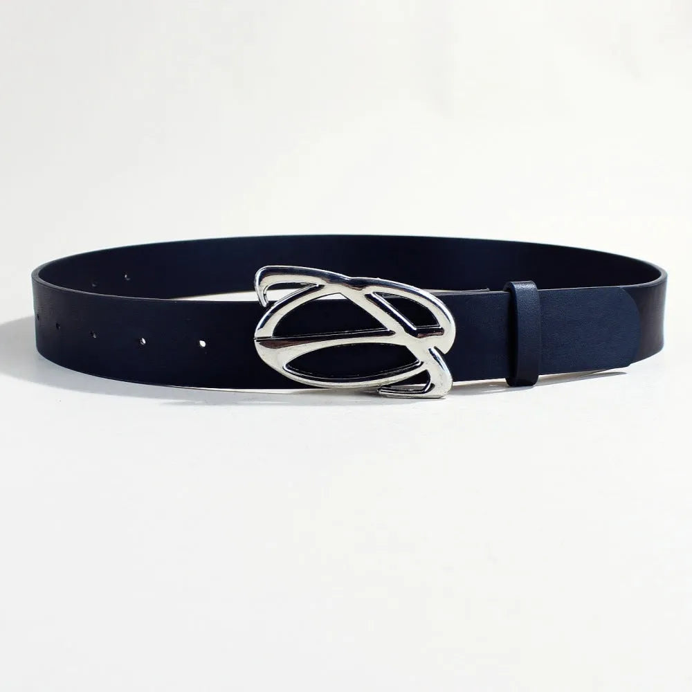 Men's silver buckle PU leather belt showing snap button closure and 3.3cm width