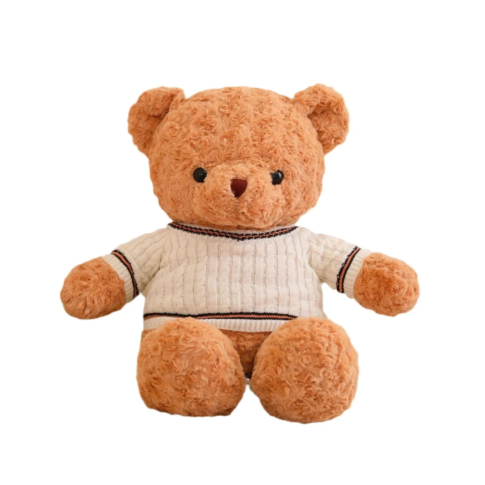 White sweater teddy bear plush toy with cloth velvet fabric and PP cotton filling, standing on a neutral background