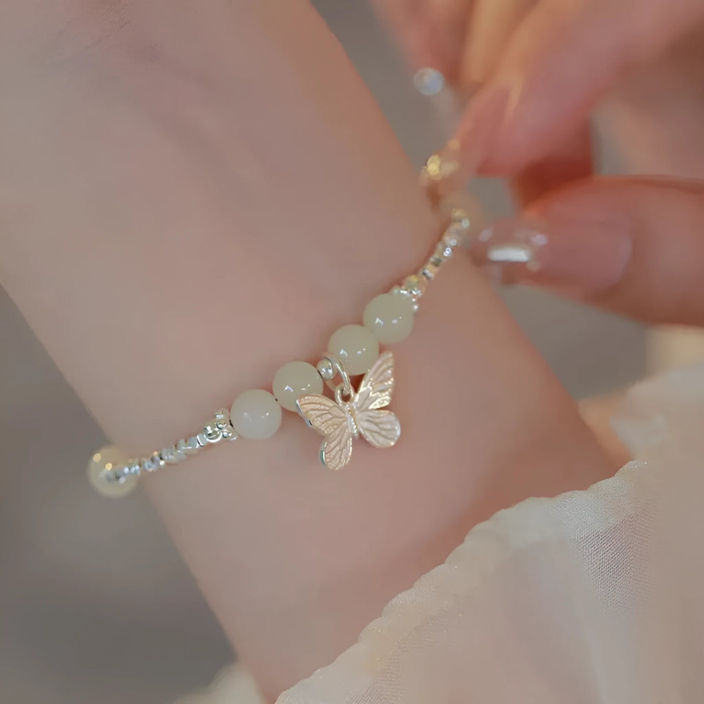 Women's Hetian jale and silver butterfly jewellery set with matching bracelet and necklace