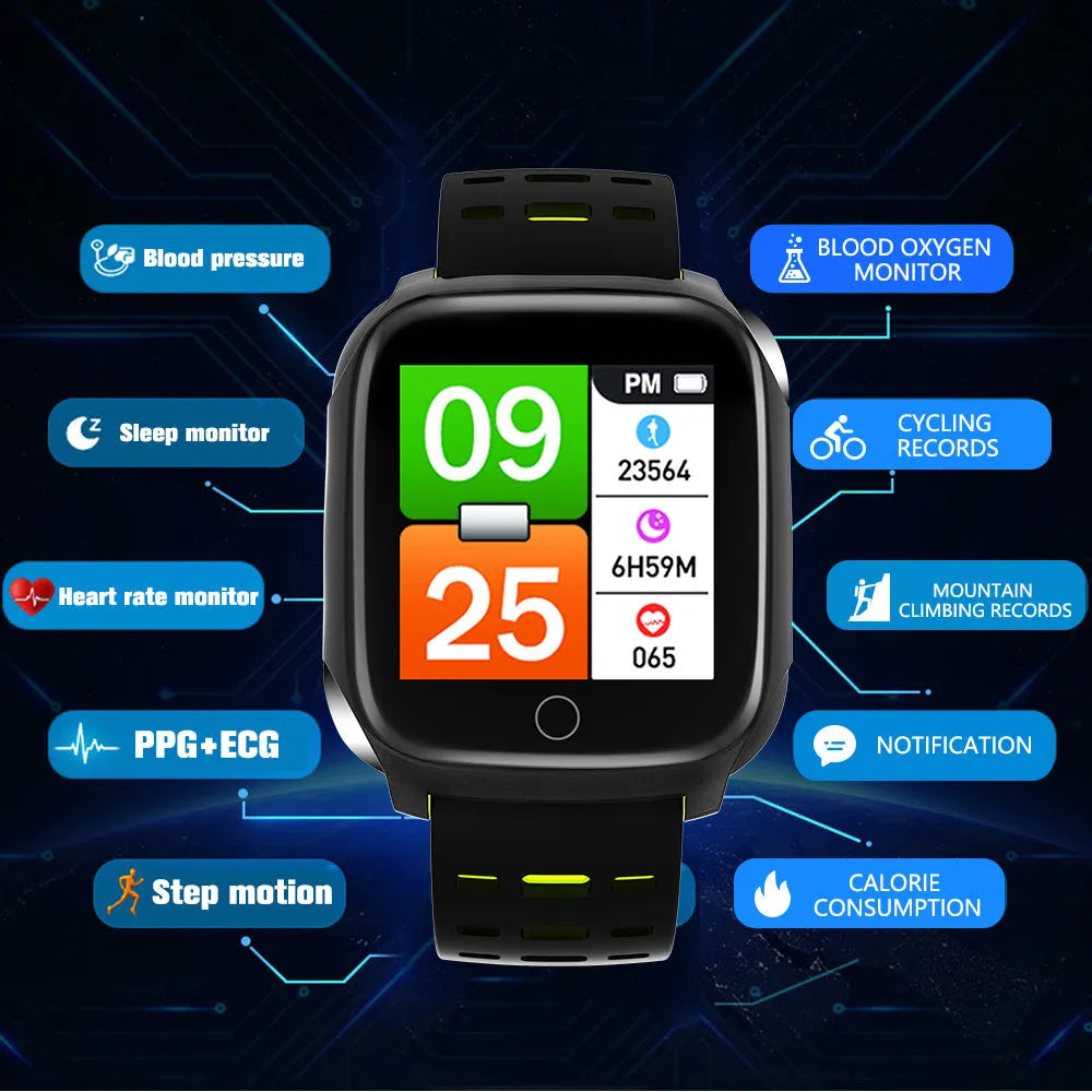 F16 Smart Watch with ECG and blood pressure monitoring on a silicone wristband in black colour options.