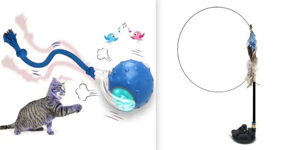 Interactive cat toy ball with three modes and chirping bird sound on a wooden floor