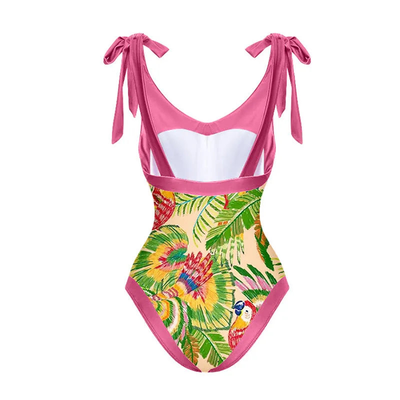 Pink floral print retro one-piece swimsuit with V-neck, covered belly, and thin skirt swim dress design