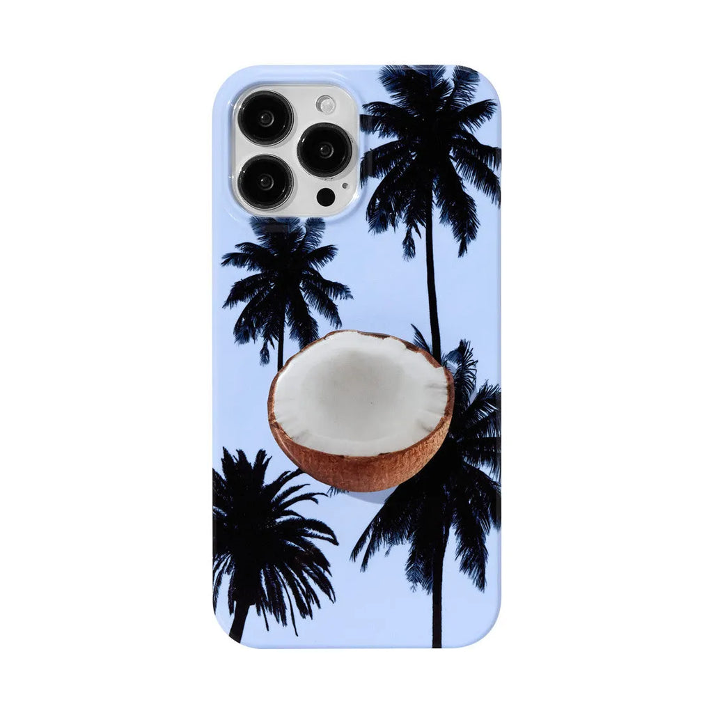 iPhone case with summer coconut design showing front and back views
