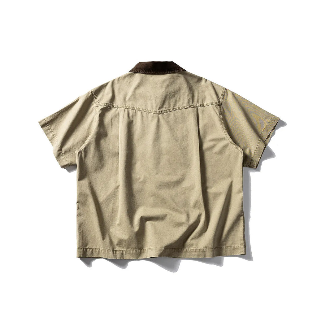 Short sleeve washed overalls shirt in loose cardigan style, shown in khaki colour.