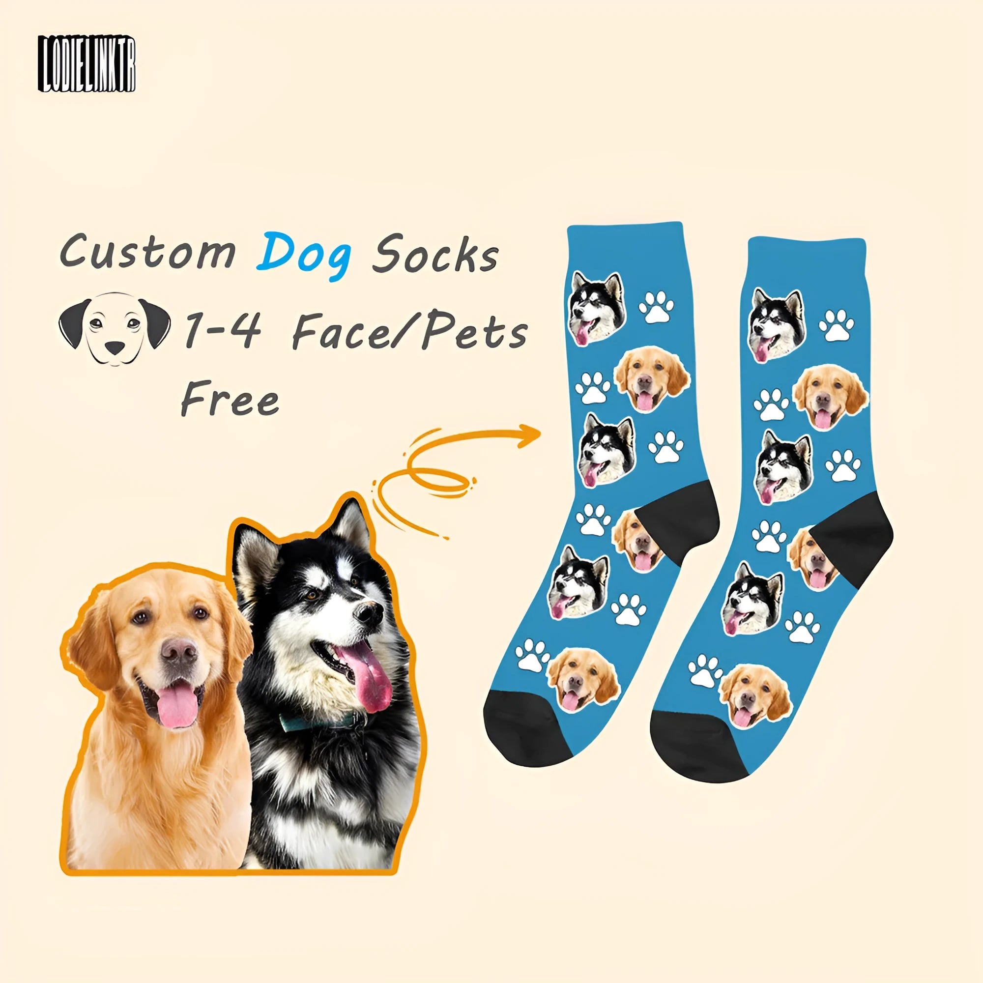 Custom printed mid-calf socks with personalised photo design in blue colour, medium thickness polyester fabric