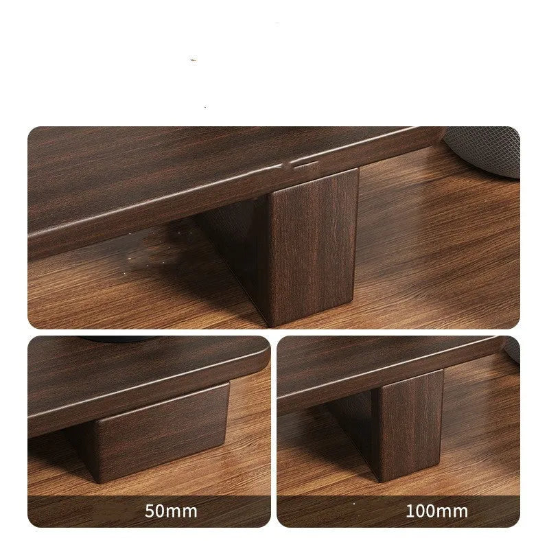 solid walnut wood computer monitor heightening frame on a desk with extra storage underneath