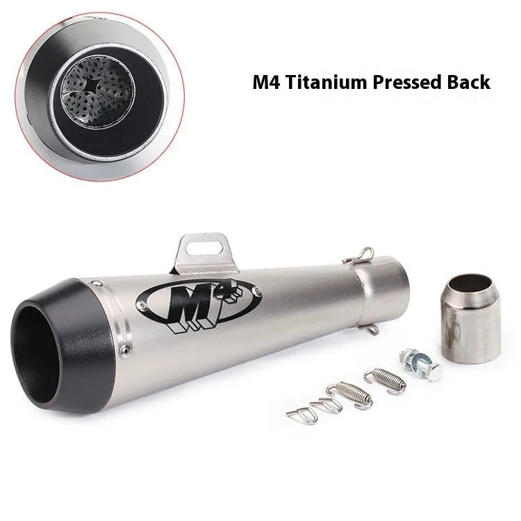 Universal M4 motorcycle exhaust pipe in stainless steel, shown in black finish with welded mounting brackets.