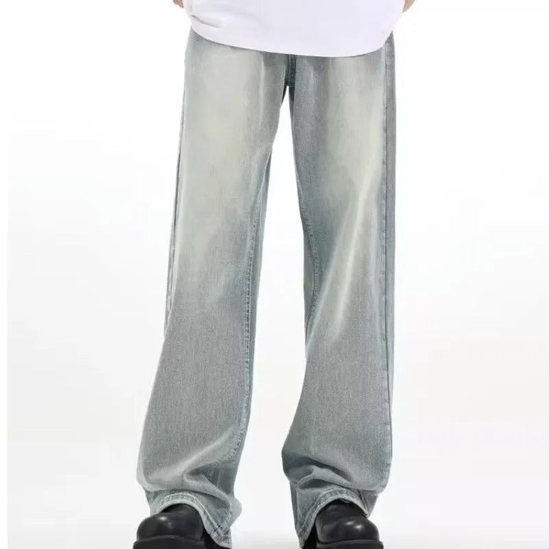 Blue loose-fit retro casual trousers made from rabbit fur with an elasticated waist.