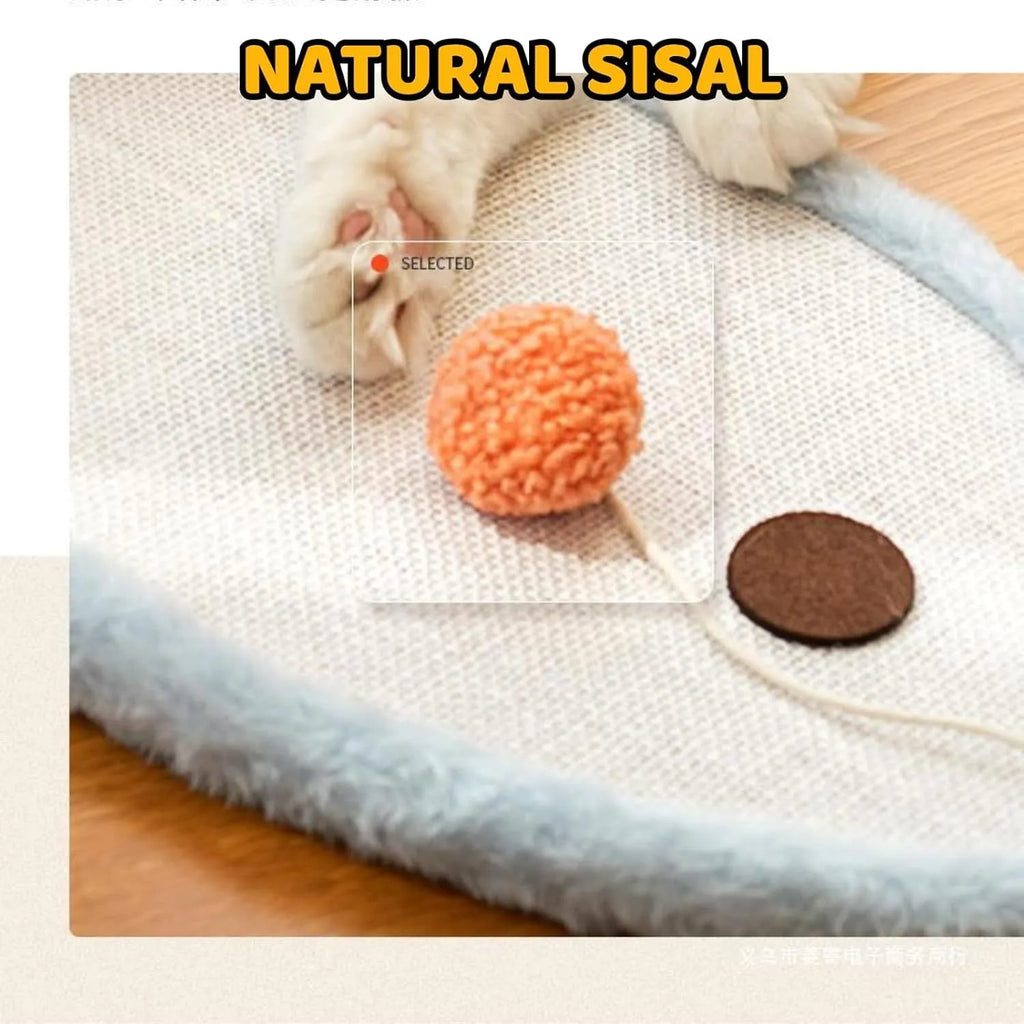 White wall-mounted cat scratching mat with cartoon cat design made from natural sisal