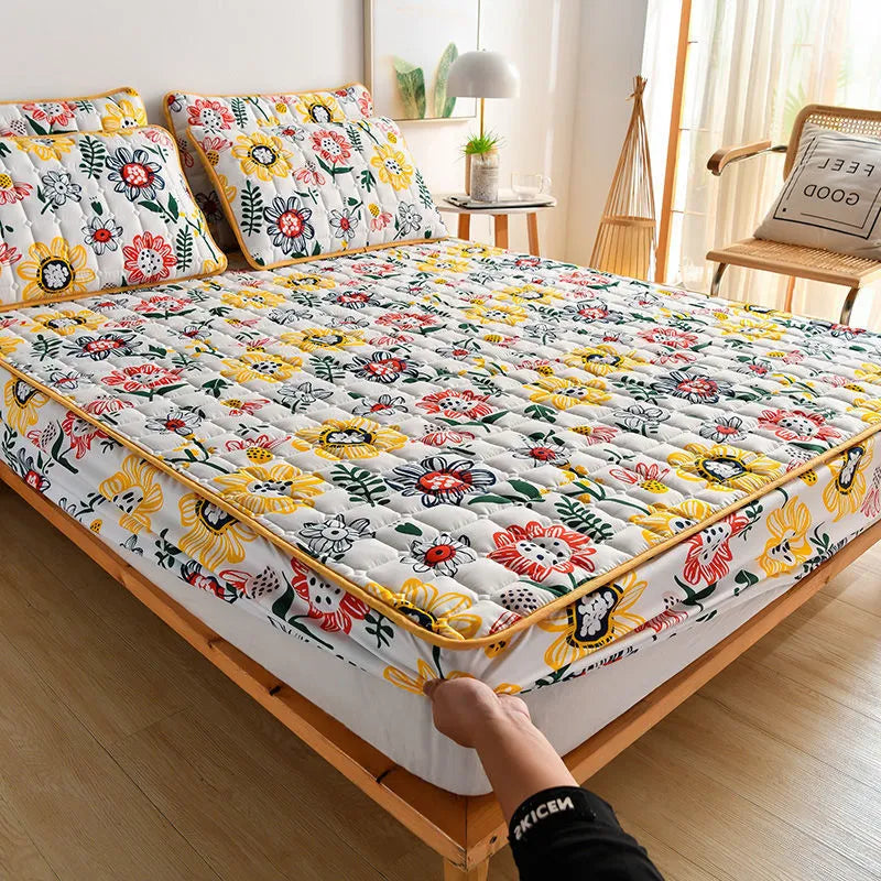 Brushed fabric mattress dust cover fitted sheet in Chrysanthemum colour on a single bed