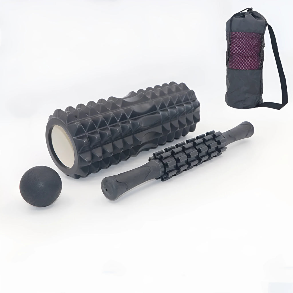 Black 33cm long foam roller massage stick with gear bar design on a grey background.