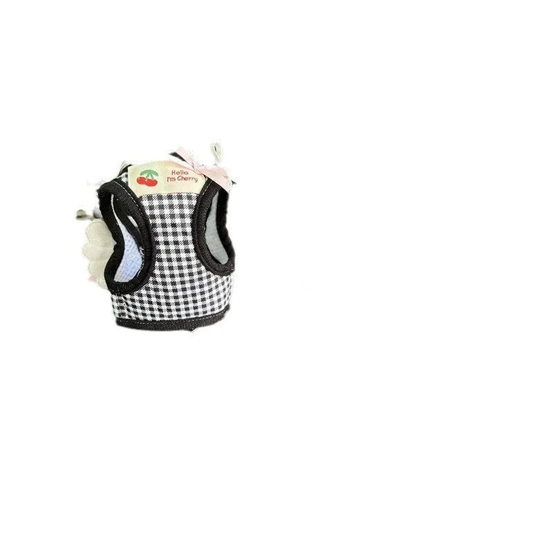 Pink and black cotton dog lead with chest and back design and a hand-holding rope for small dogs.