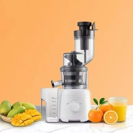 Grey slow masticating juicer with 90mm feed chute and multi-function separator on countertop