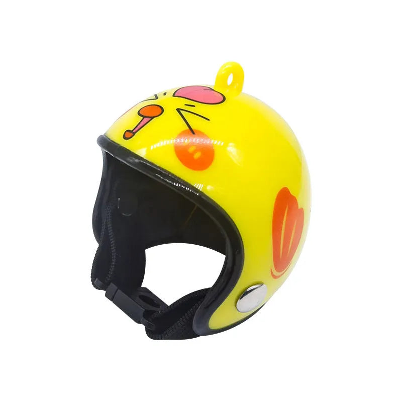 Small plastic chicken pet helmet in one of twelve designs including rainbow, plaid, or smiling face.